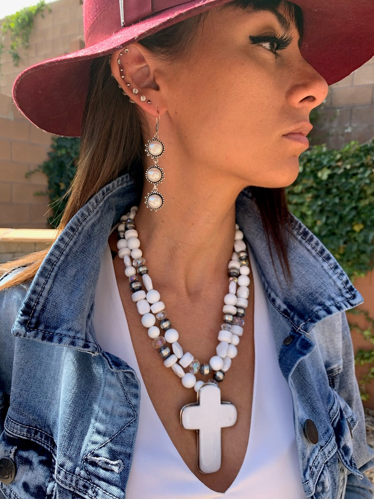 White jade and Navajo pearl necklace with cross pendant