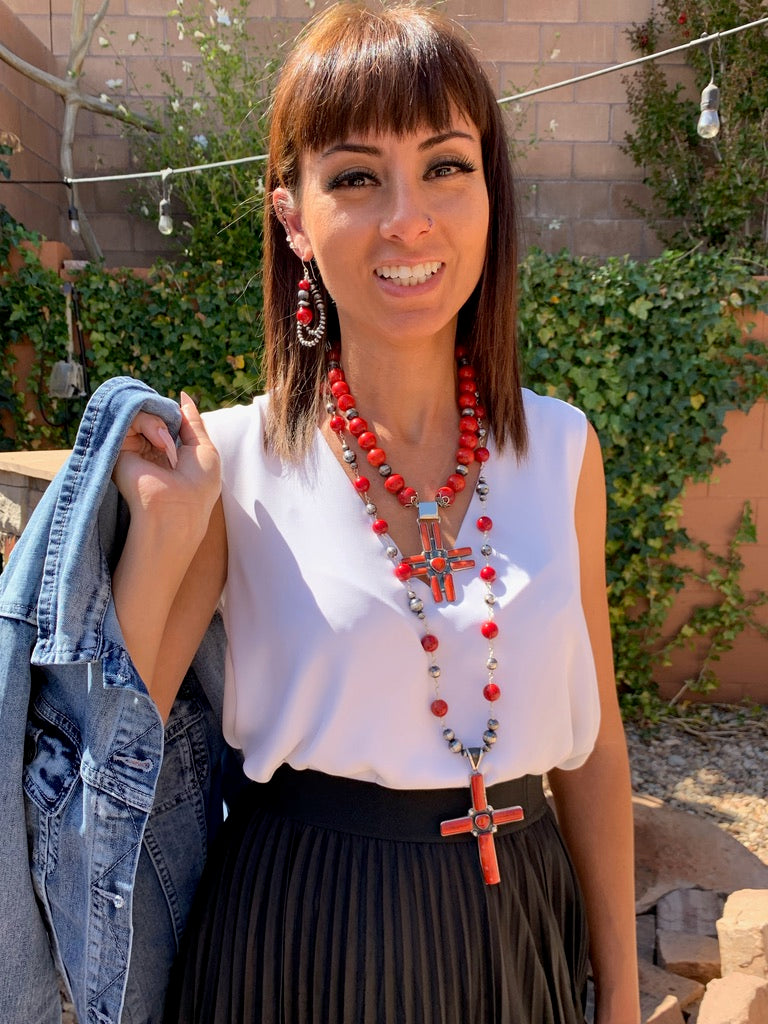 Red coral with cross pendant necklace