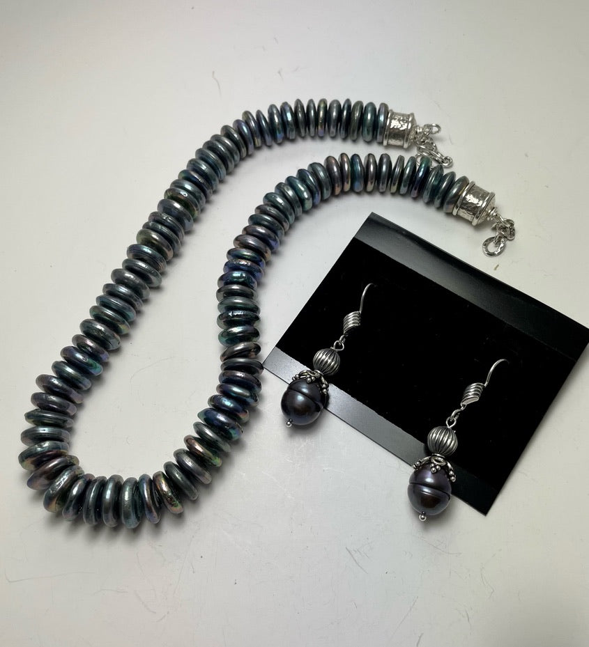 Blue Disk Pearls Necklace and Earrings