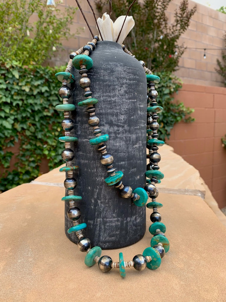 Long turquoise with Navajo pearls and Heishi necklace
