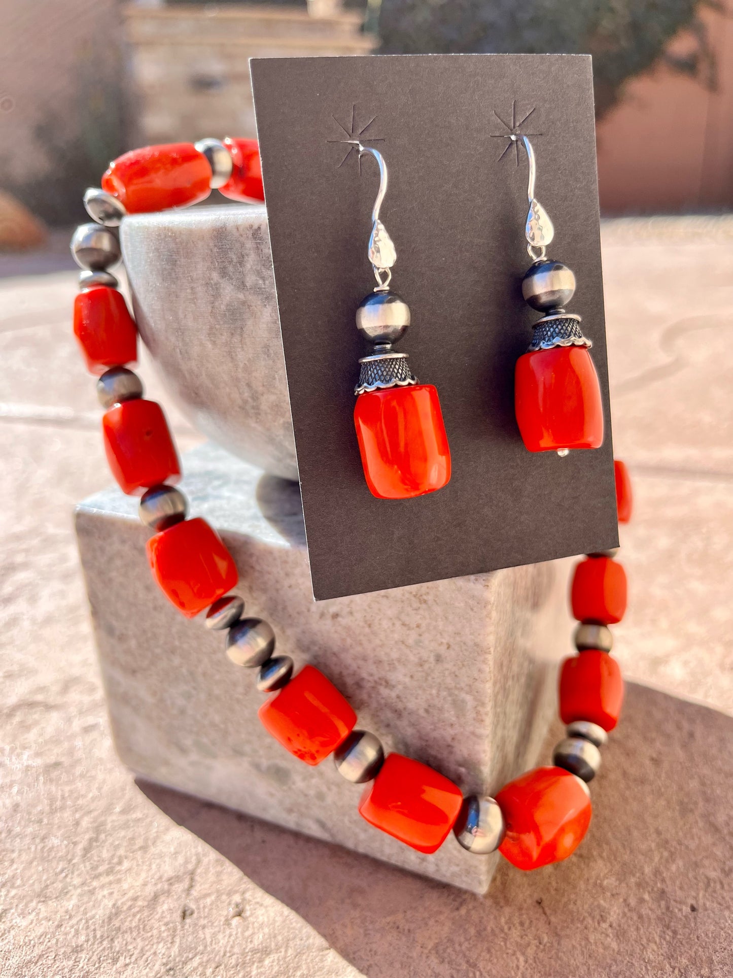 Orange coral necklace with Navajo Pearls