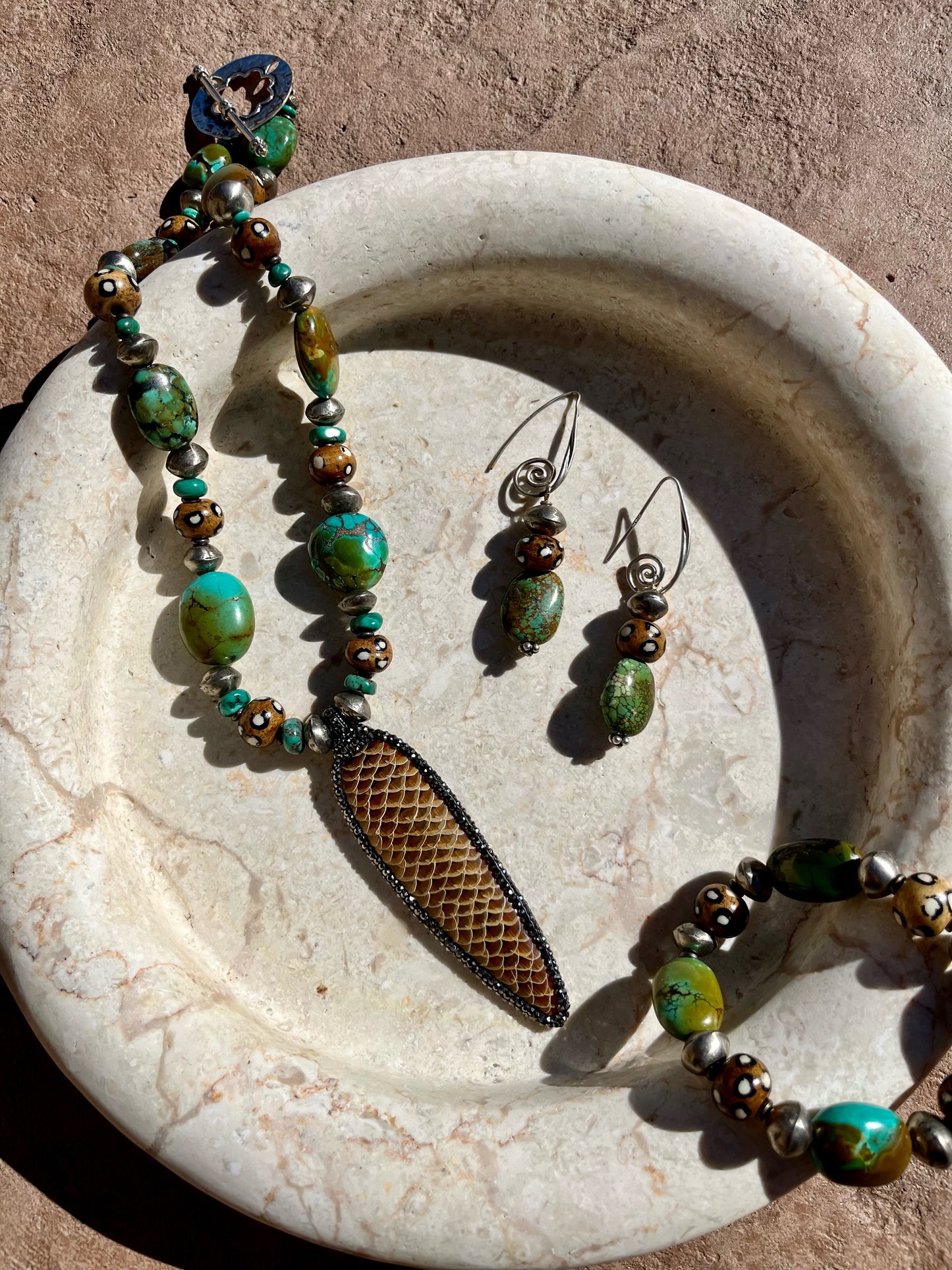 Turquoise with African Beads & Fish scale pendant