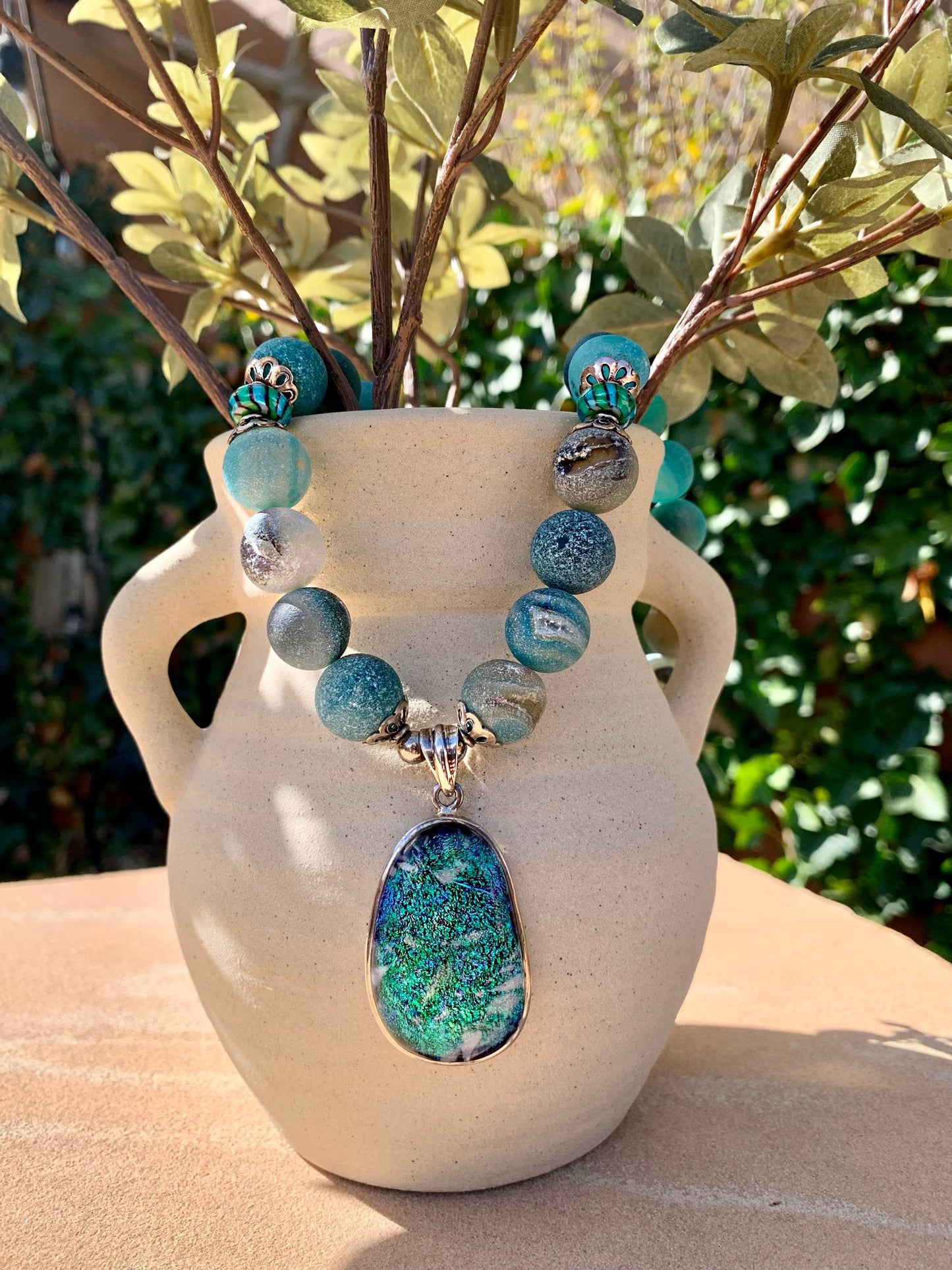 Druzy agate and glass bead necklace