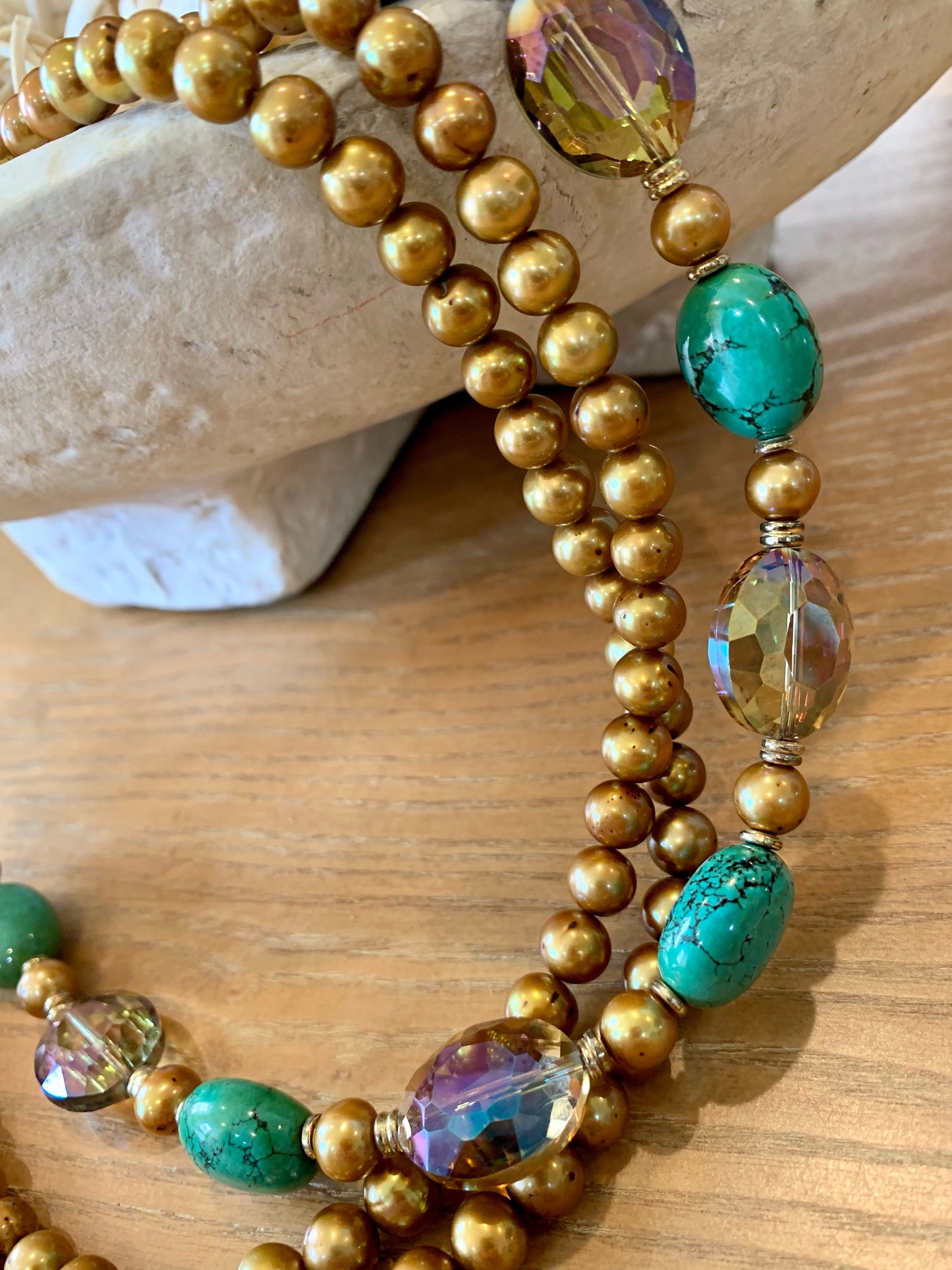 Gold pearl turquoise and crystal necklace