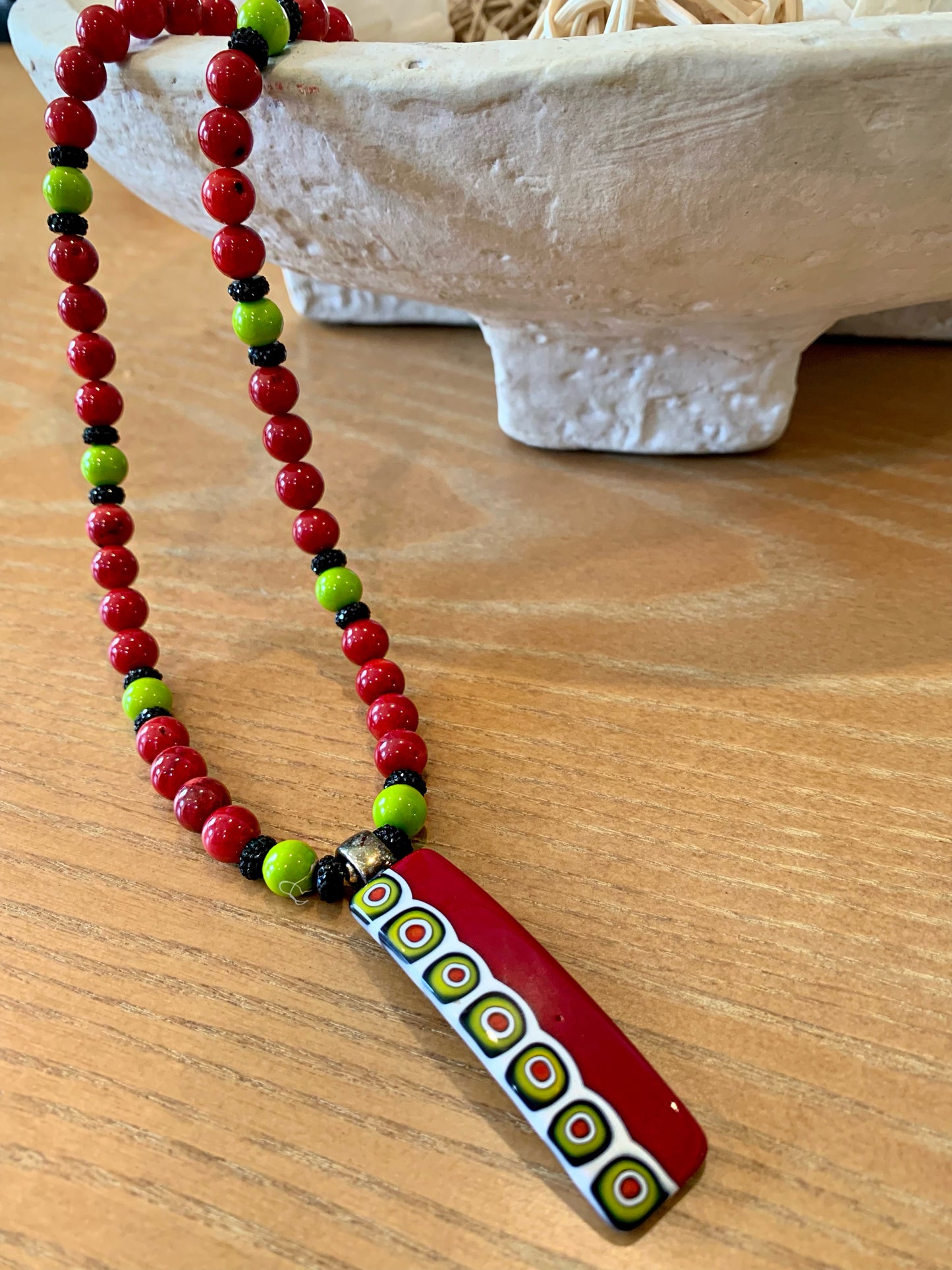 Red coral with green glass and onyx necklace