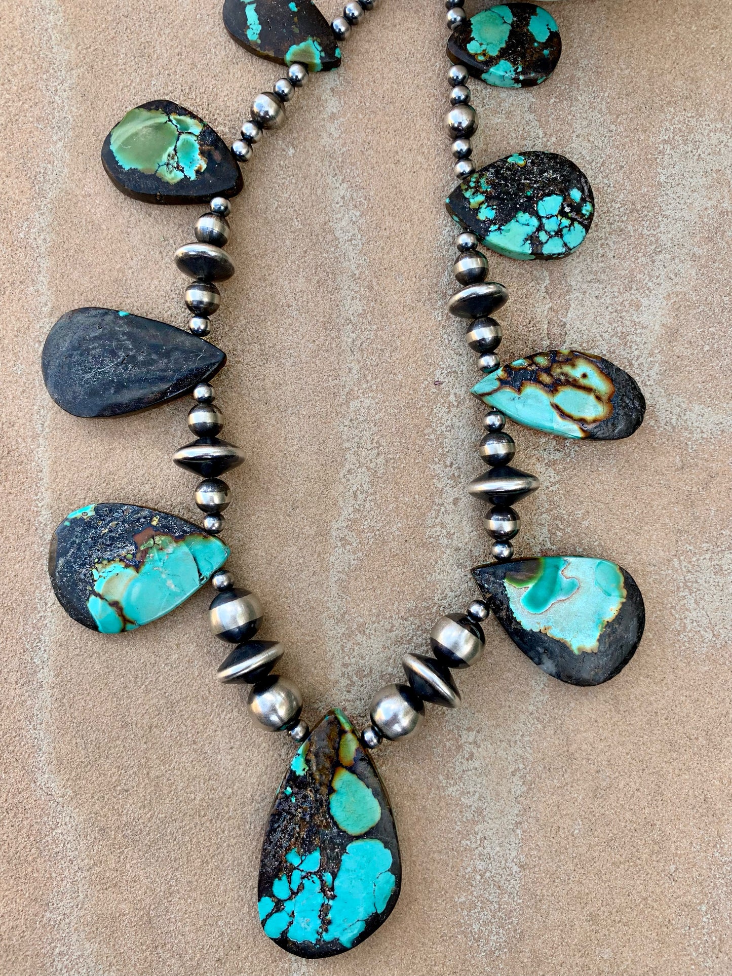 Turquoise teardrop necklace with Navajo pearls