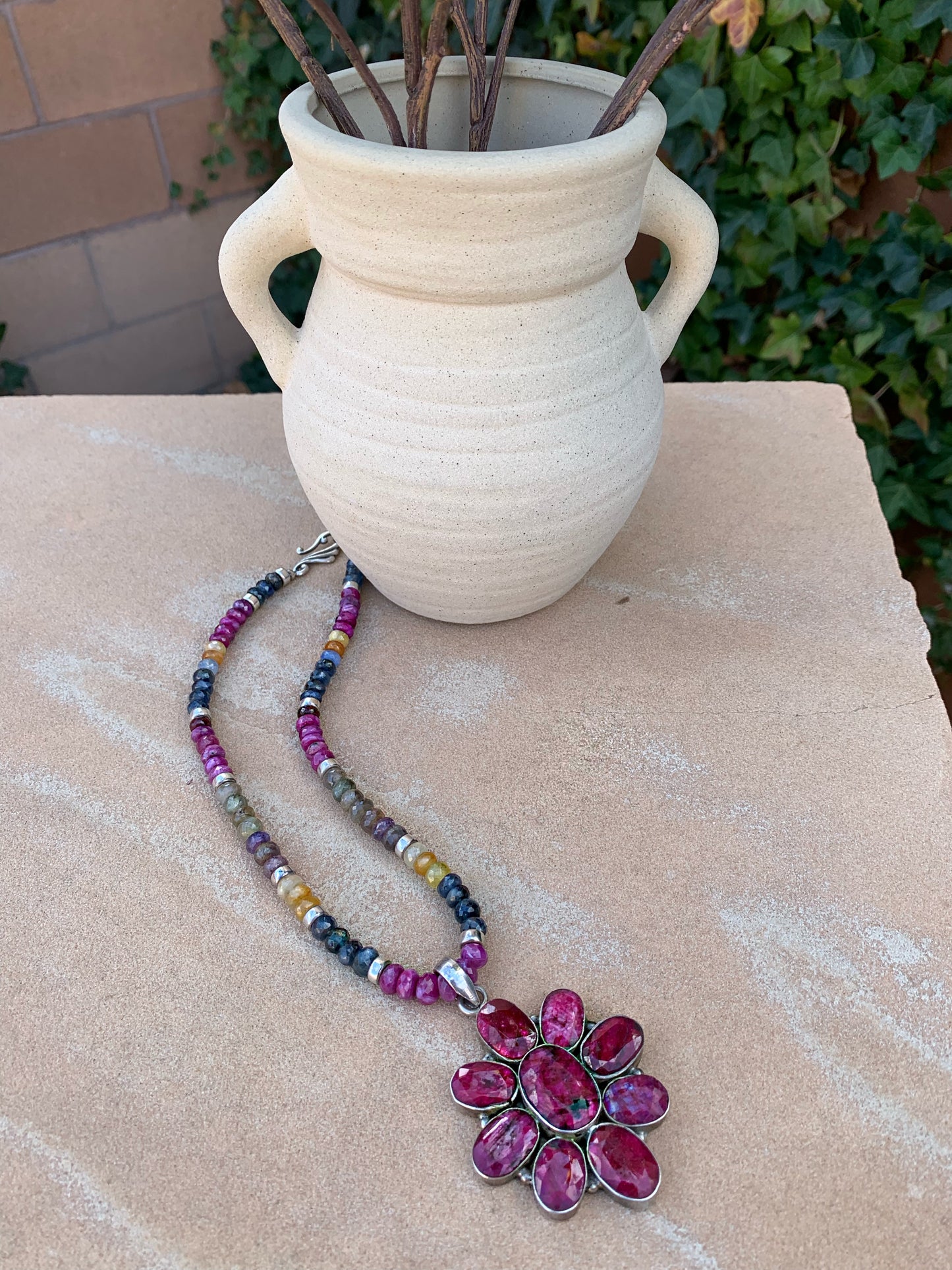 Raw ruby necklace with multi color stones