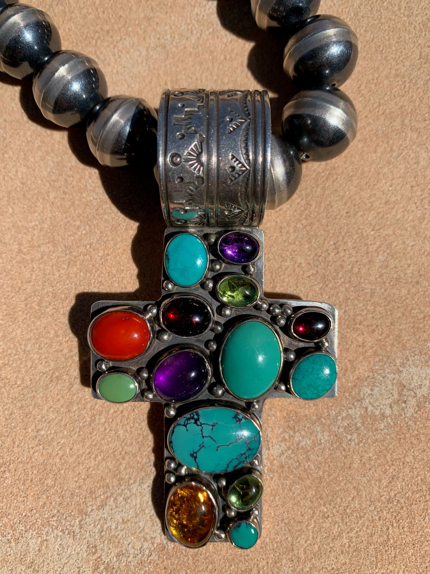 Navajo pearls and multi stone cross necklace