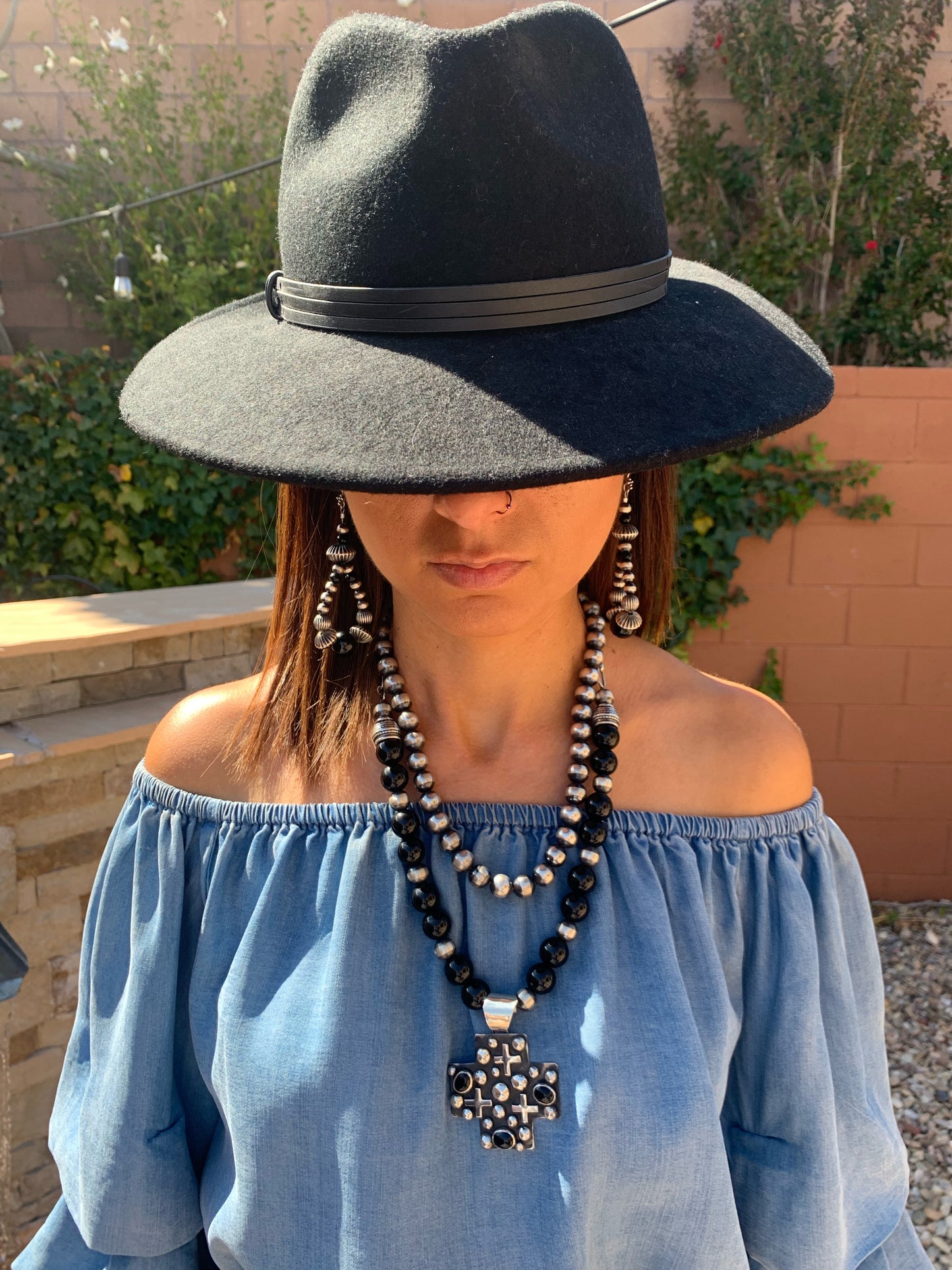 Black onyx and Navajo pearl necklace with cross pendant