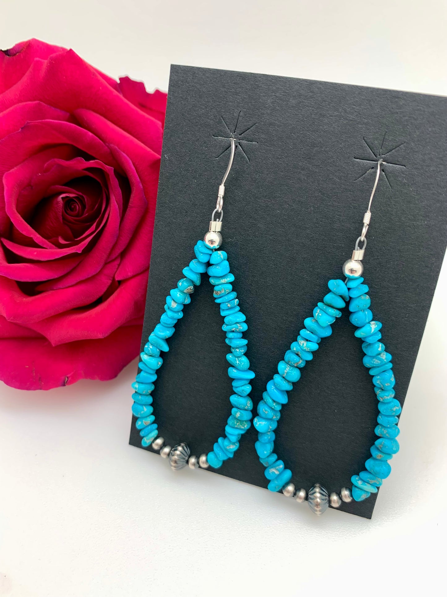 Blue turquoise drop hoops with Navajo pearls earrings
