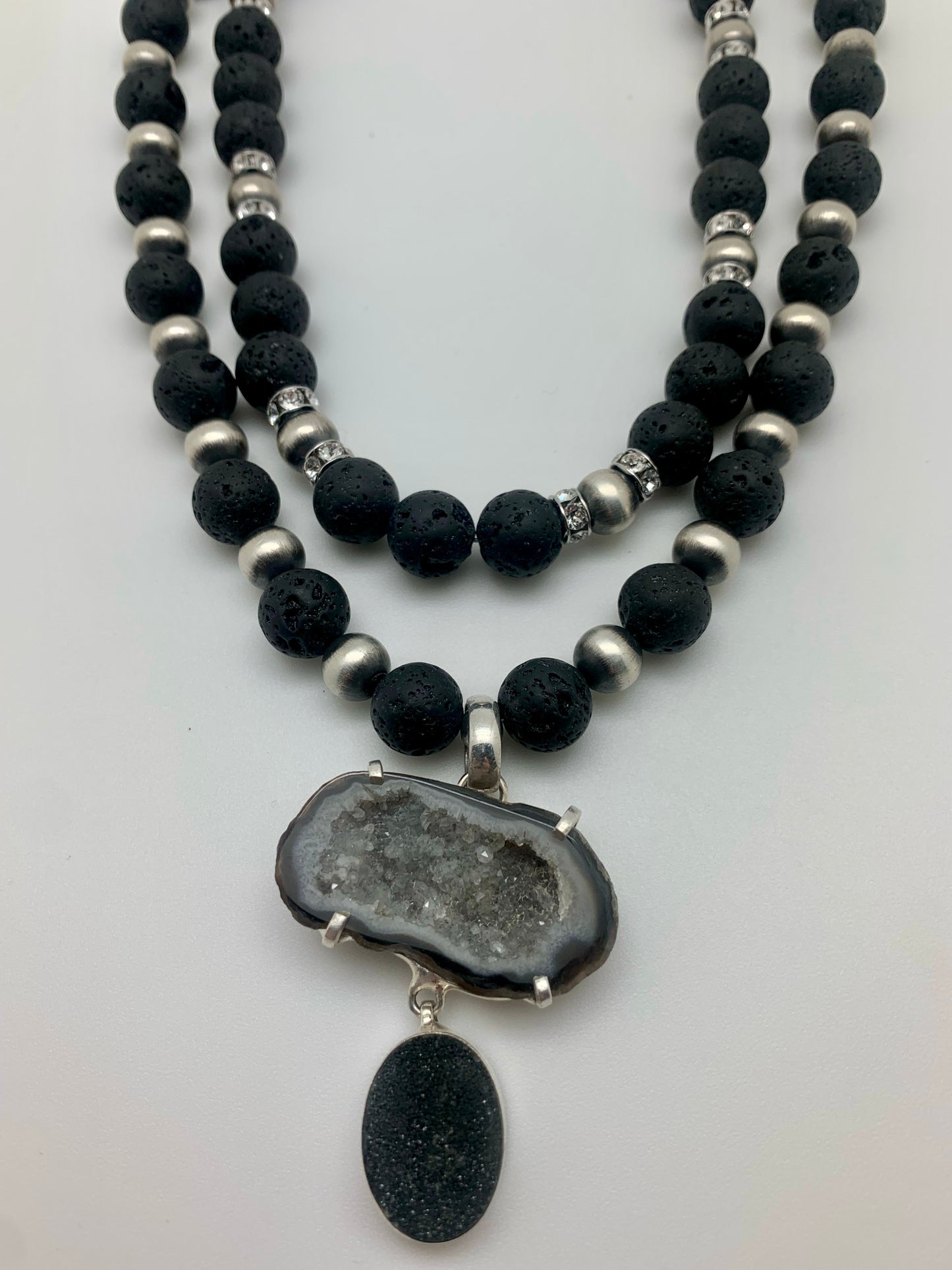 Lava rock with Navajo pearls and druzy pendant