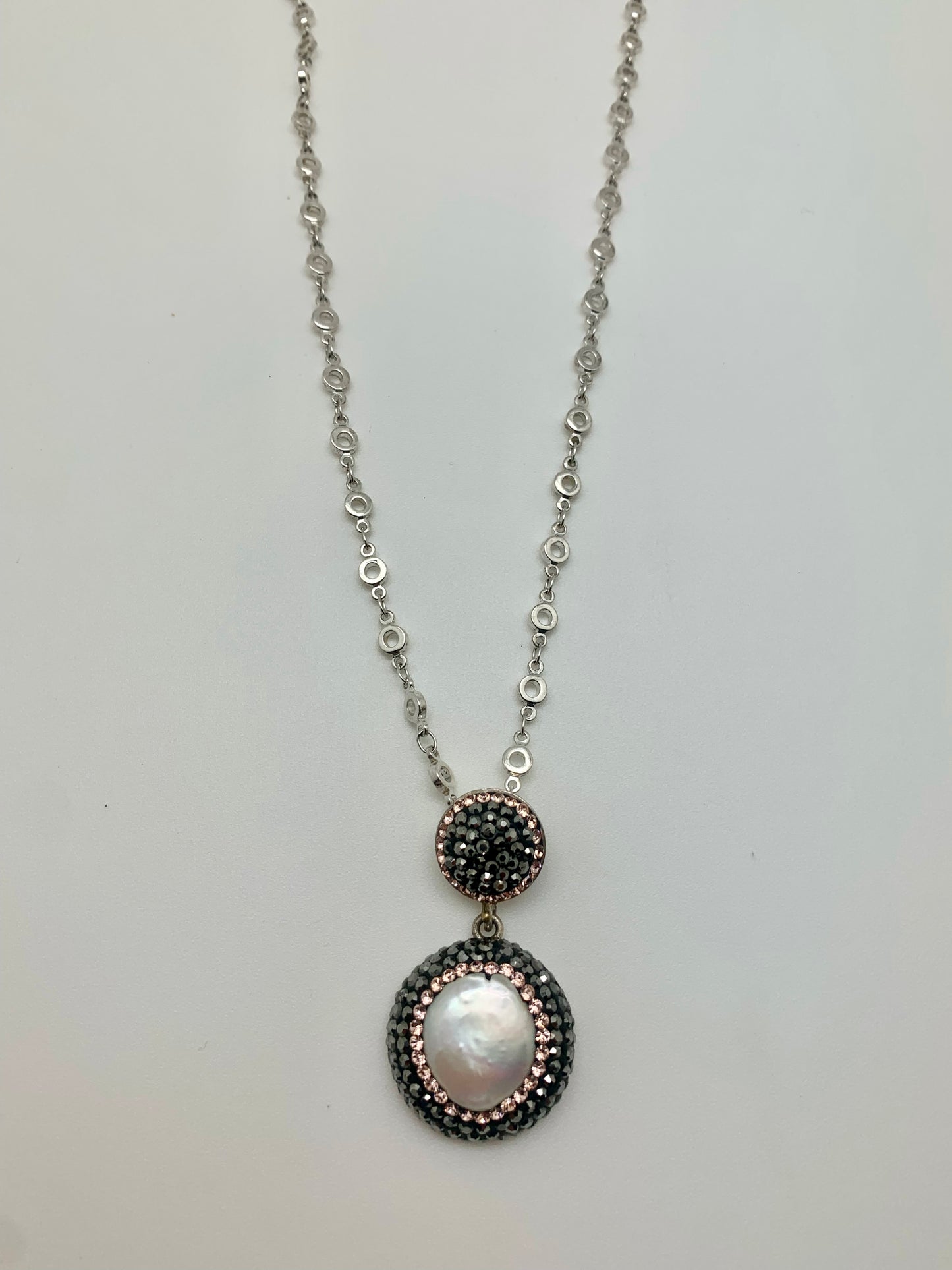 Crystal encrusted pearl on silver plated chain