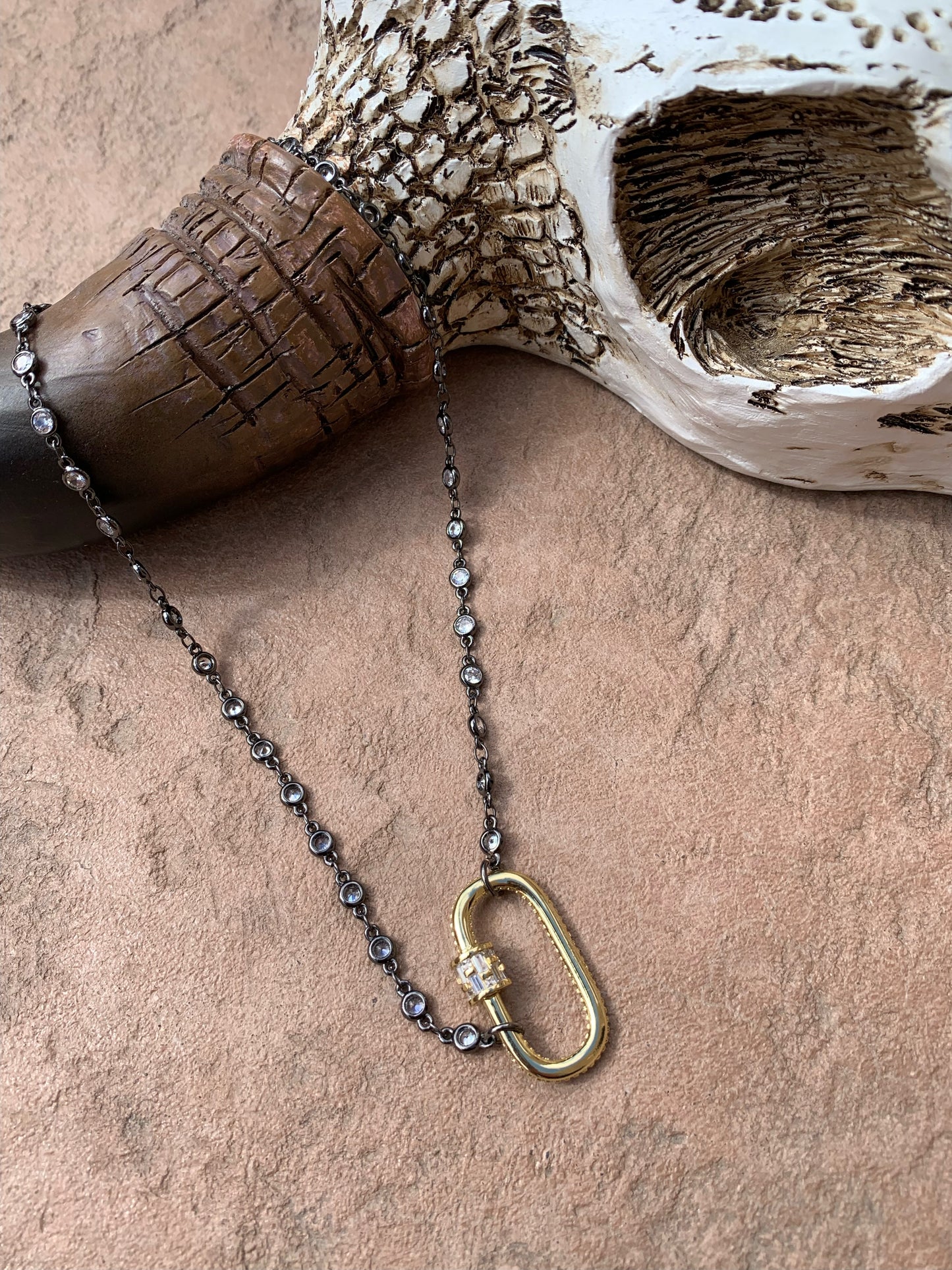 Mini gold carabiner with crystals on dainty crystal black chain