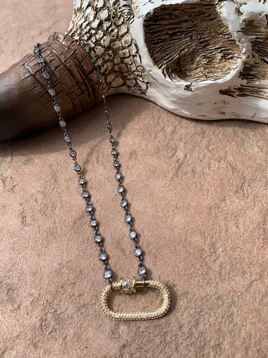 Mini gold carabiner with crystals on dainty crystal black chain