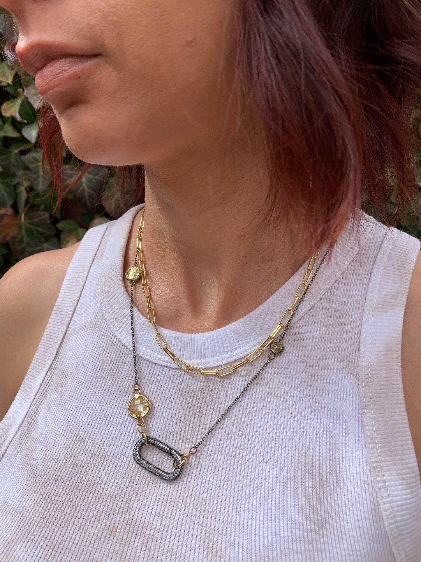 Mini gunmetal carabiner on gunmetal chain with multi colored stones