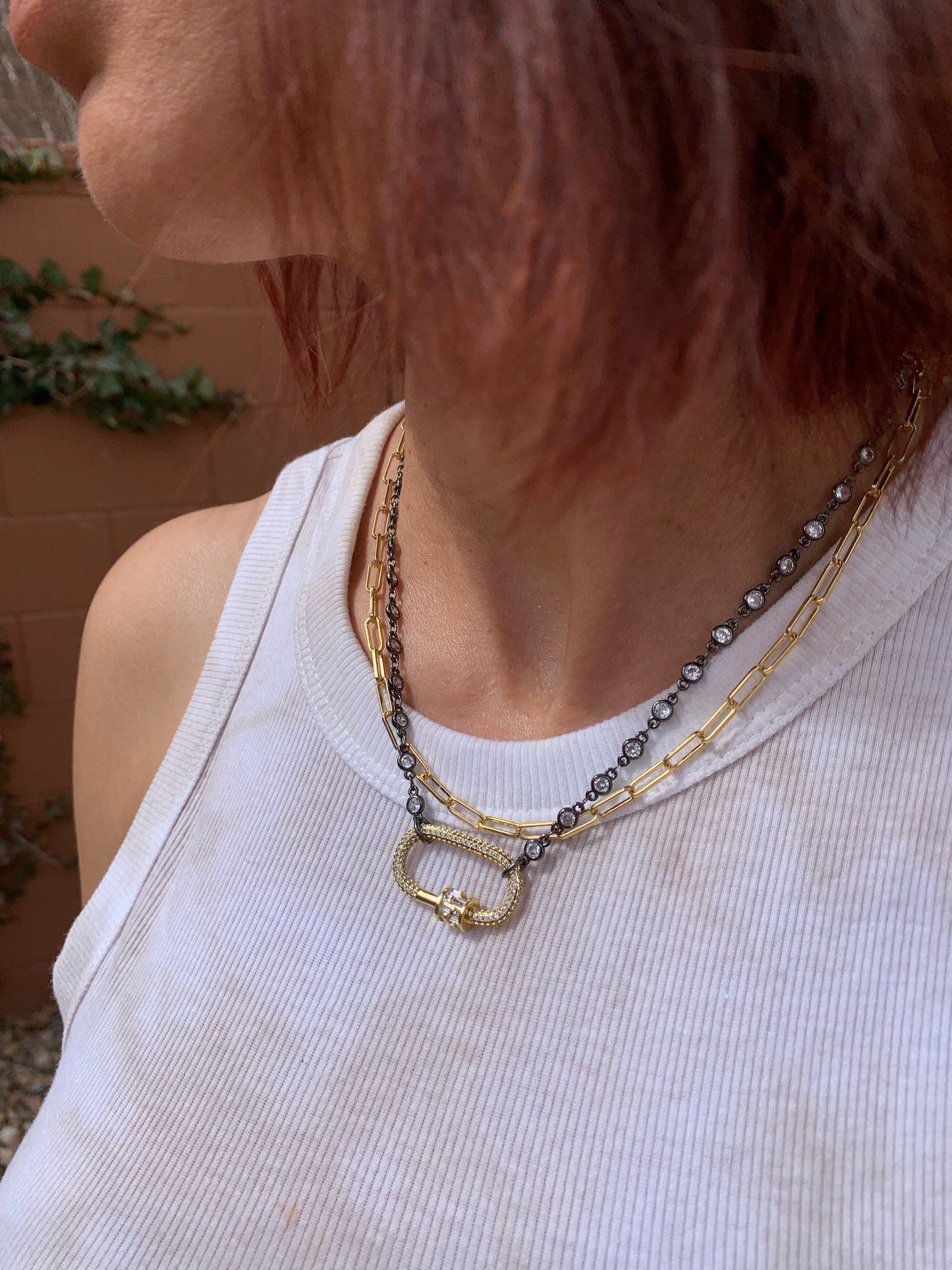 Mini gold carabiner with crystals on dainty crystal black chain