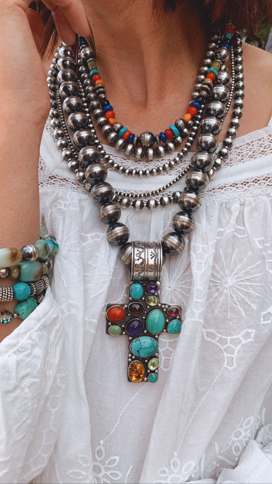 Navajo pearls and multi stone cross necklace