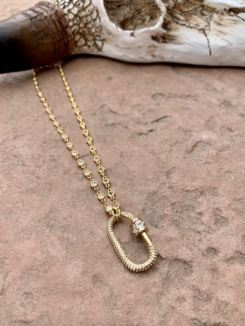 Mini encrusted gold carabiner on dainty gold chain