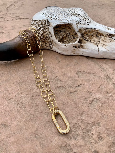 Mini encrusted gold carabiner on dainty gold chain