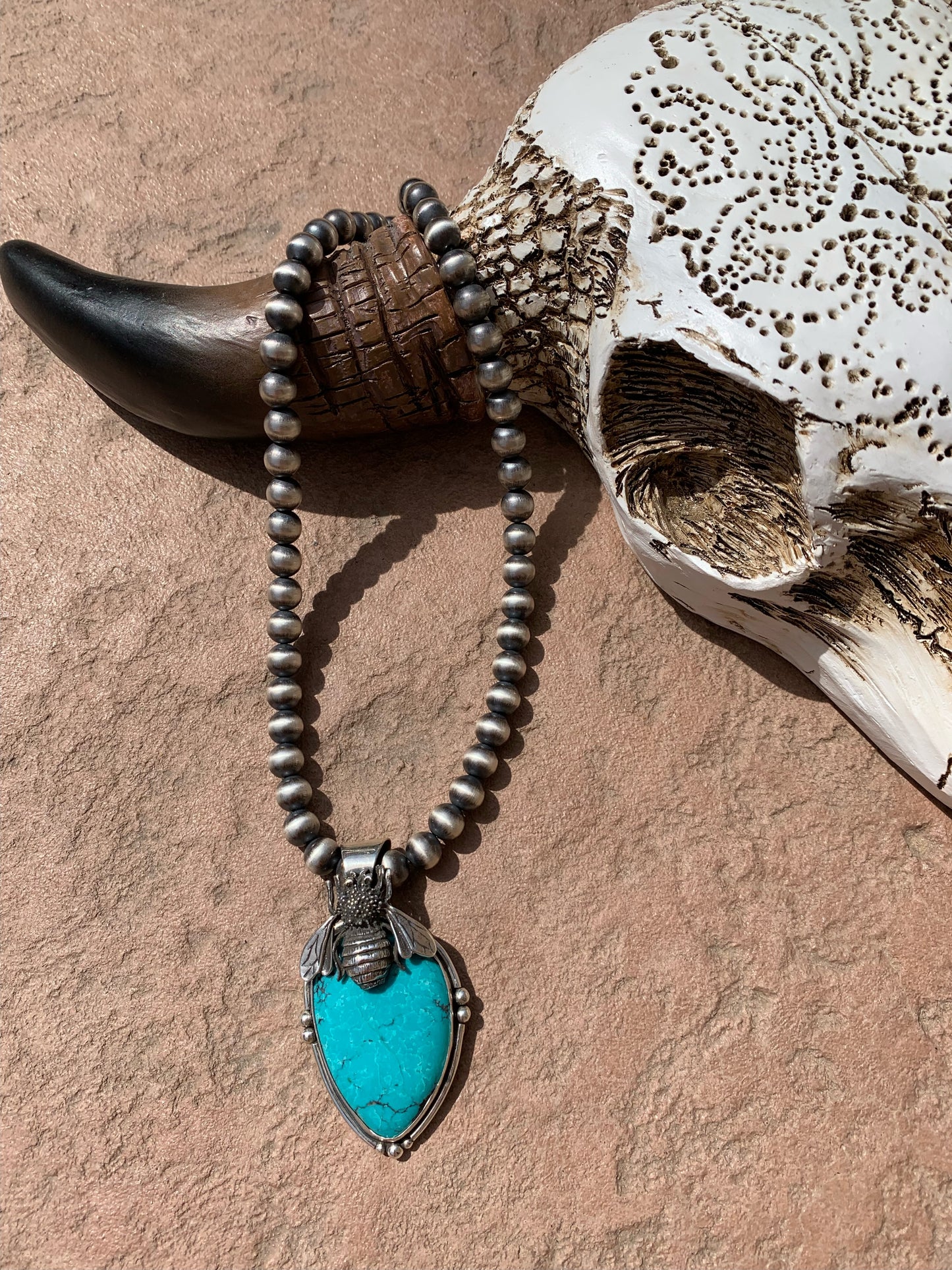 Navajo pearl strand wit turquoise bumble bee pendant