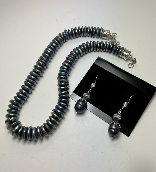 Blue Disk Pearls Necklace and Earrings