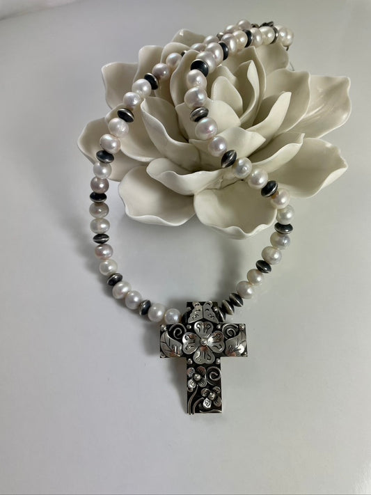Pearl and crystal with silver cross necklace