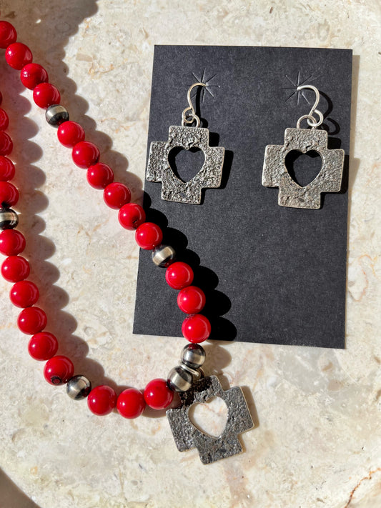 Red coral & Navajo pearls with cross heart center
