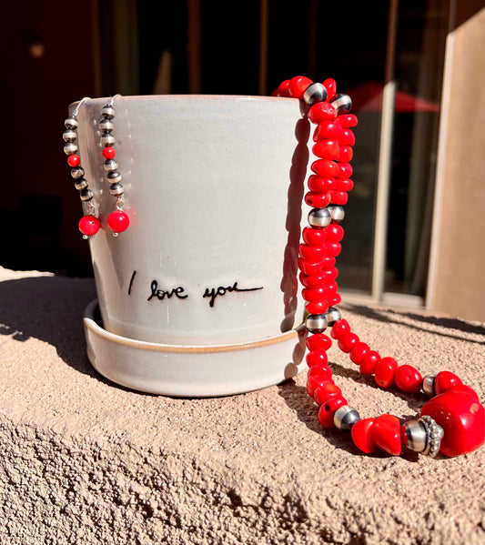 Red coral necklace with Navajo pearls