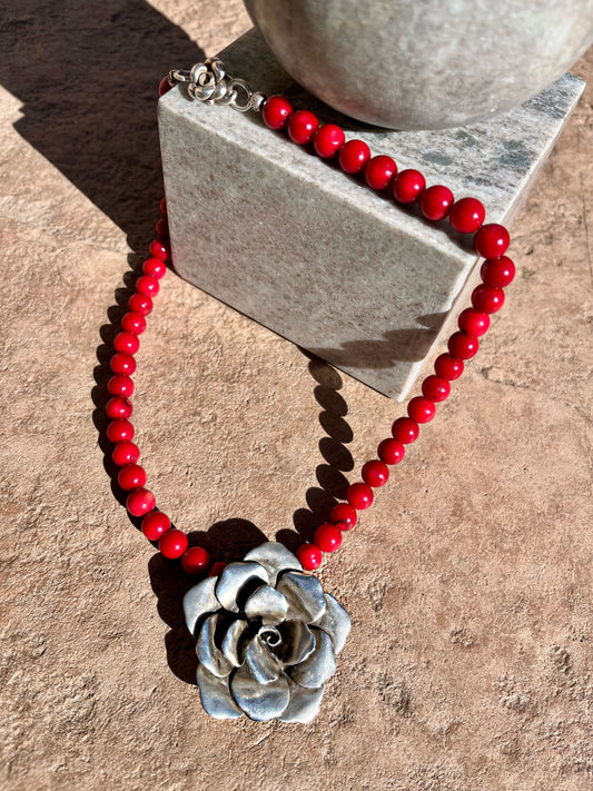 Red coral with silver rose pendant