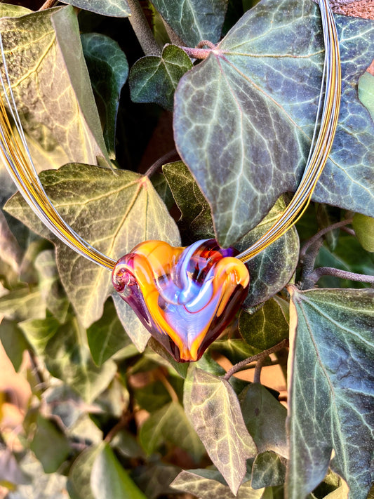 Hand made glass heart pendant on multi-strand wire