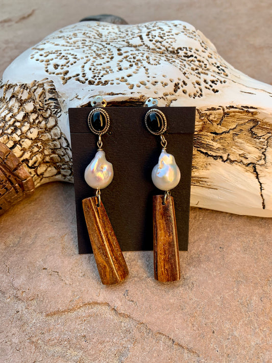 Pearl with wood and onyx clip earrings