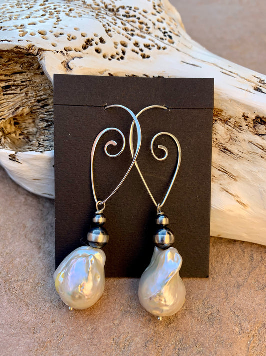 Baroque pearl with Navajo pearl and wire earrings