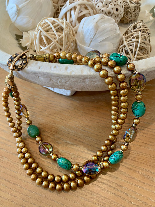 Gold pearl turquoise and crystal necklace