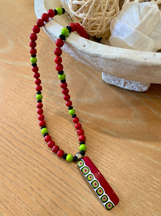 Red coral with green glass and onyx necklace