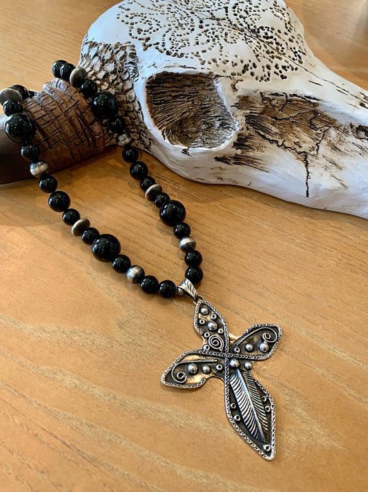 Black onyx and silver cross necklace