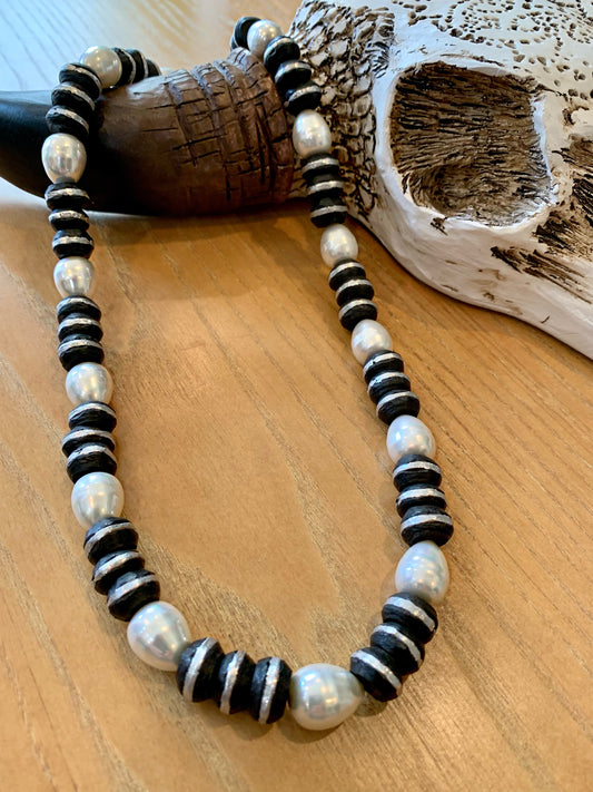 African wood and glass pearl necklace