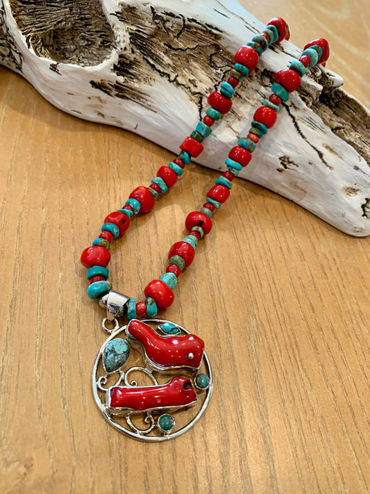 Green turquoise and coral necklace