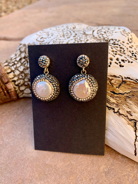 Crystal encrusted coin pearl earrings