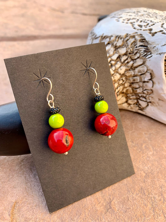 Red coral with green glass earrings