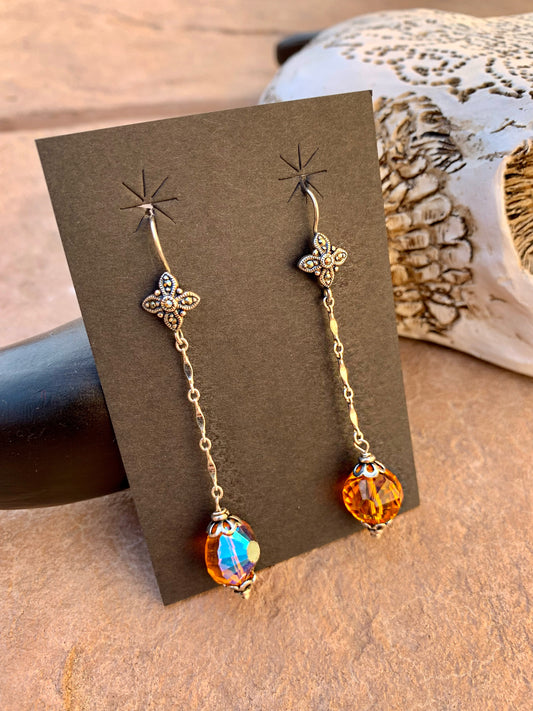 Orange crystal flower earrings