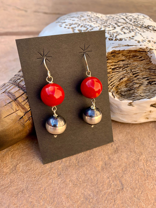 Red coral and Navajo pearl earrings