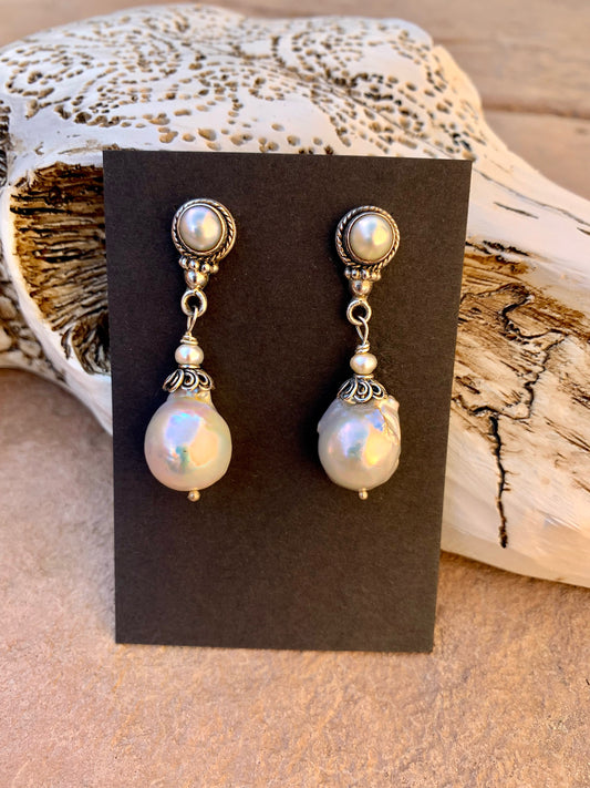 Large post on pearl earrings