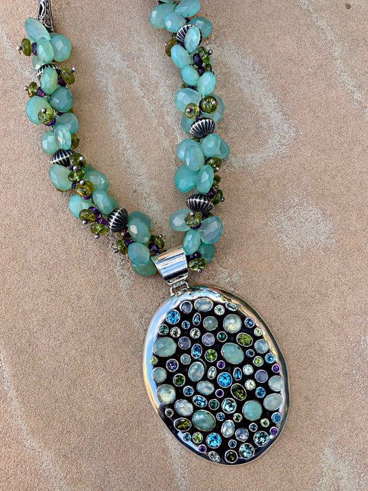 Chalcedony peridote necklace with multi stone pendant