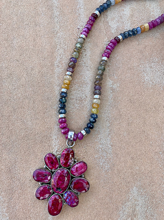 Raw ruby necklace with multi color stones