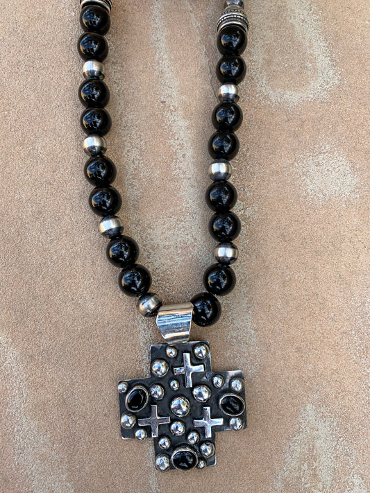 Black onyx and Navajo pearl necklace with cross pendant