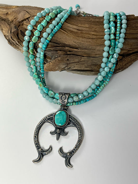 4 strand turquoise and amazonite with Native horseshoe pendant