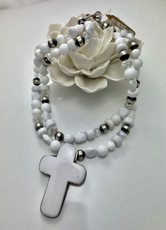 White jade and Navajo pearl necklace with cross pendant