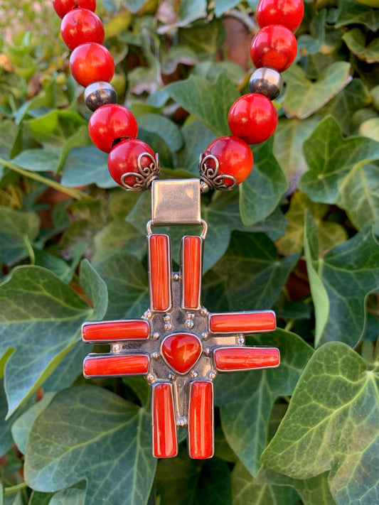 Red coral with cross pendant necklace