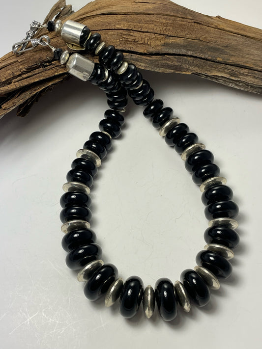 Onyx and silver disk necklace