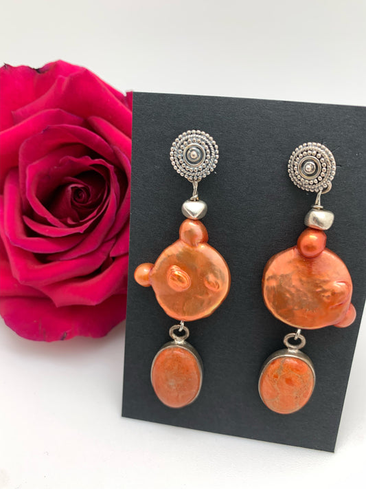 Orange coin pearl with sponge coral earrings